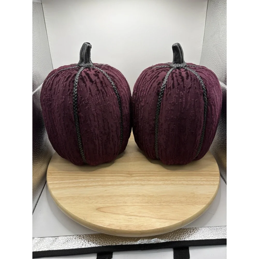 Set of 2 Halloween Fabric Pumpkin Figurines Purple Black Braid Detail 10 in